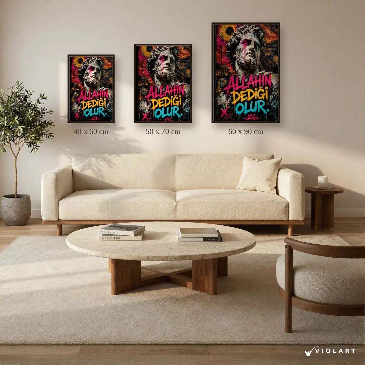 Allah'ın Dediği Olur tablosu 40x60, 50x70 ve 60x90 cm ölçü karşılaştırması