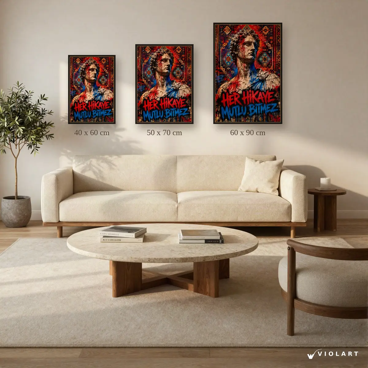 Her Hikaye Mutlu Bitmez tablosu 40x60, 50x70 ve 60x90 cm ölçü karşılaştırması