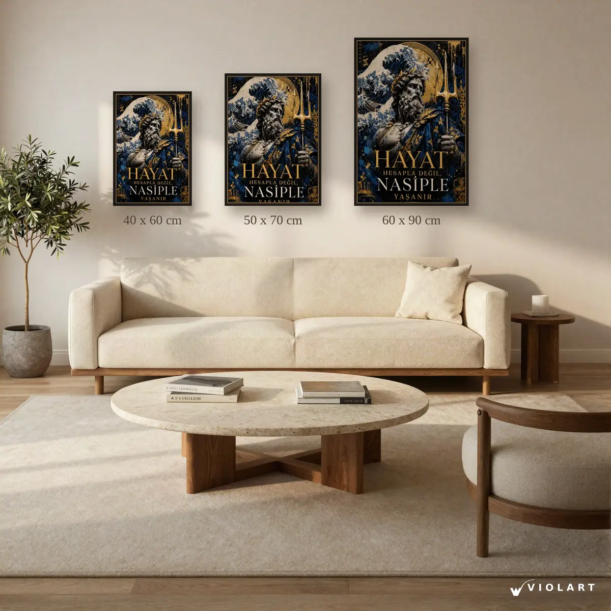 Hayat Hesapla Değil Nasiple Yaşanır tablosu 40x60, 50x70 ve 60x90 cm ölçü karşılaştırması