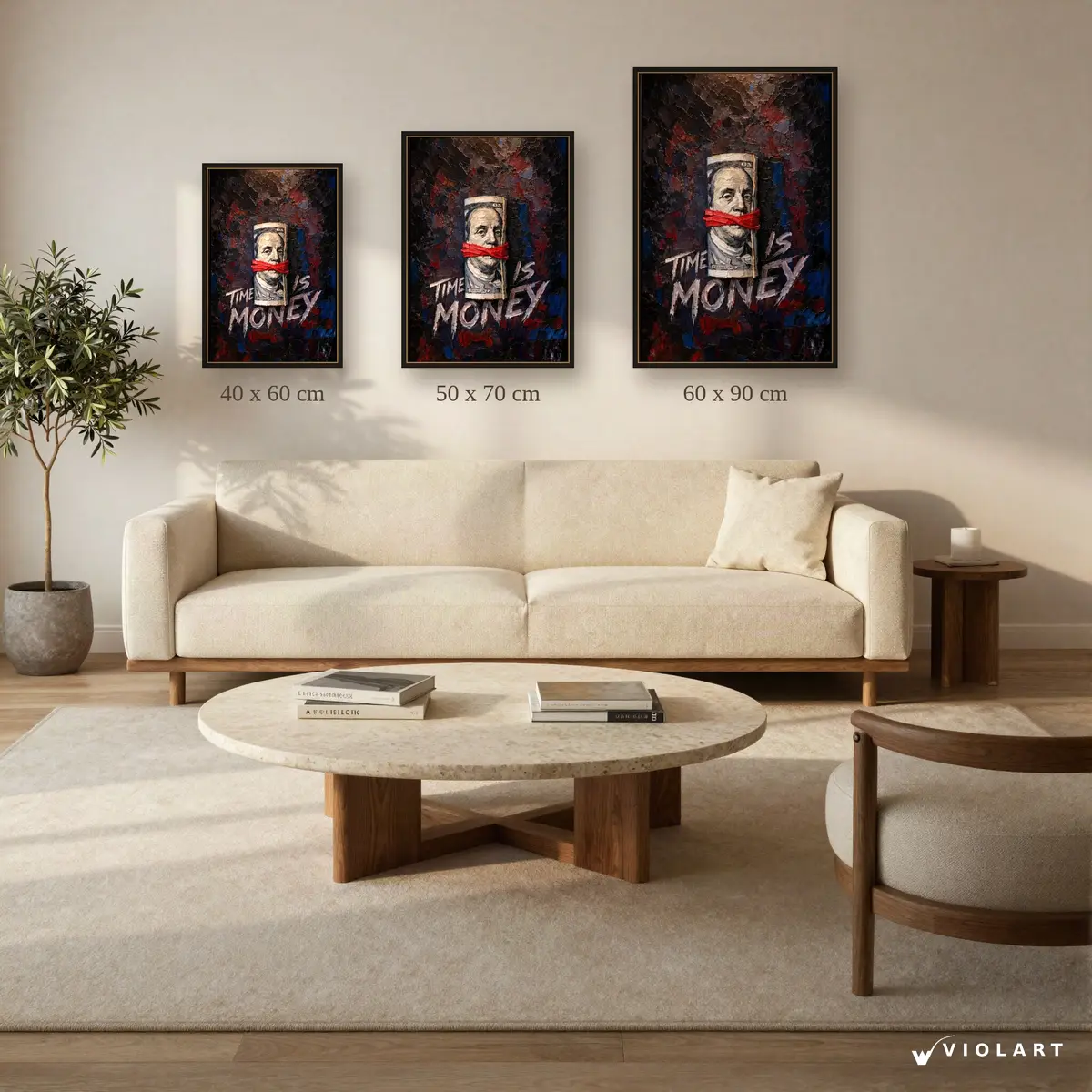 Time Is Money tablosu 40x60, 50x70 ve 60x90 cm ölçü karşılaştırması