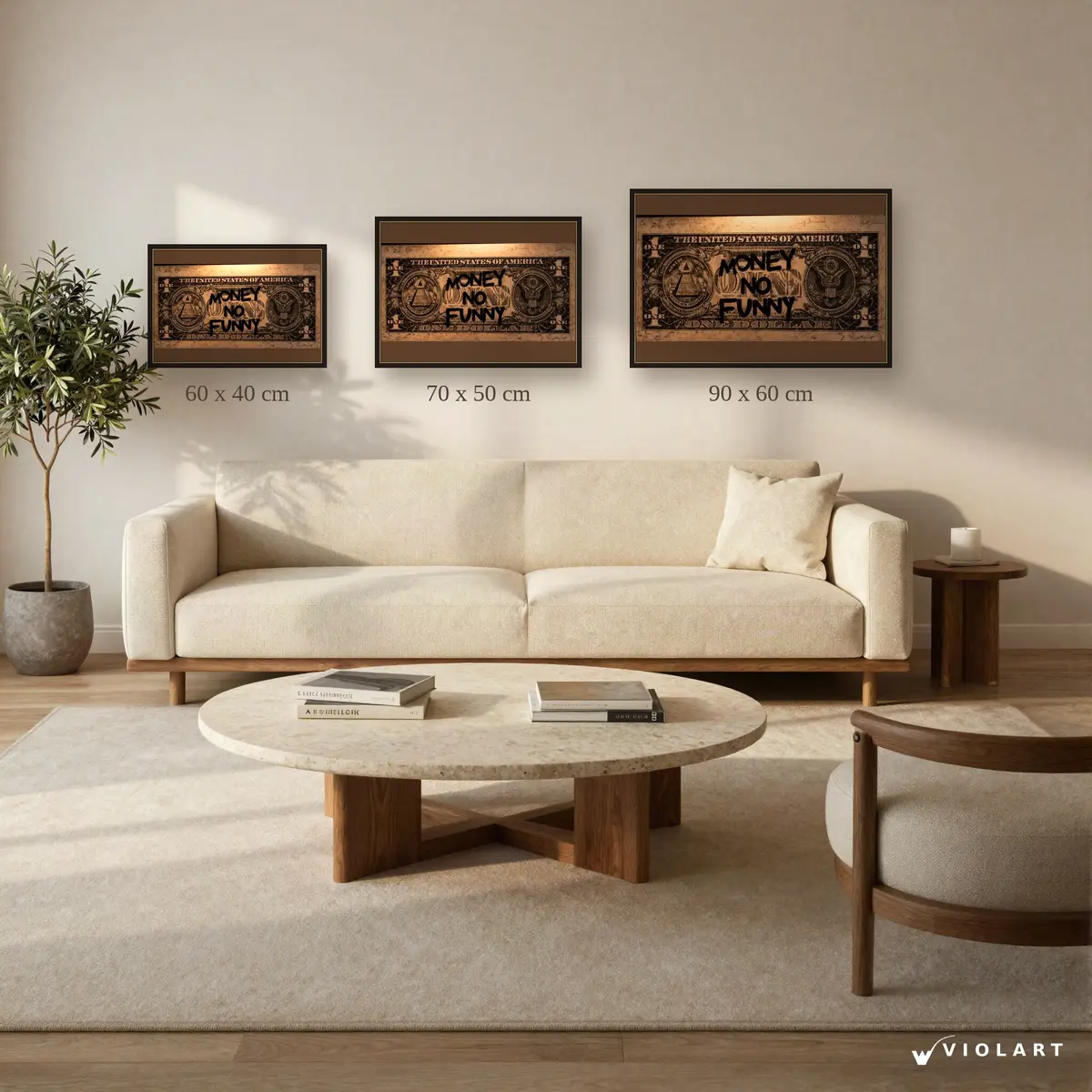 No Money No Funny tablosu 40x60, 50x70 ve 60x90 cm ölçü karşılaştırması