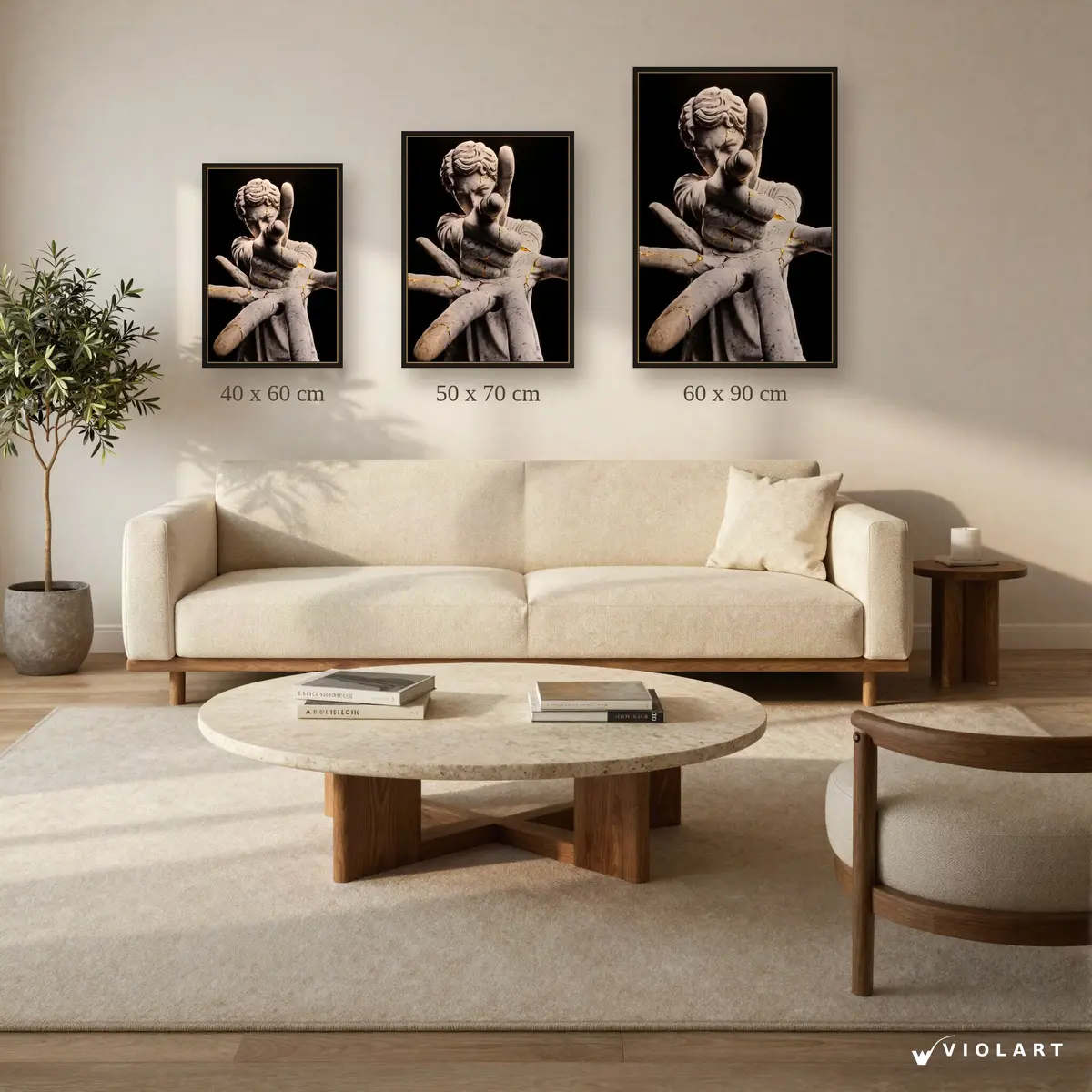 Golden Cracks tablosu 40x60, 50x70 ve 60x90 cm ölçü karşılaştırması