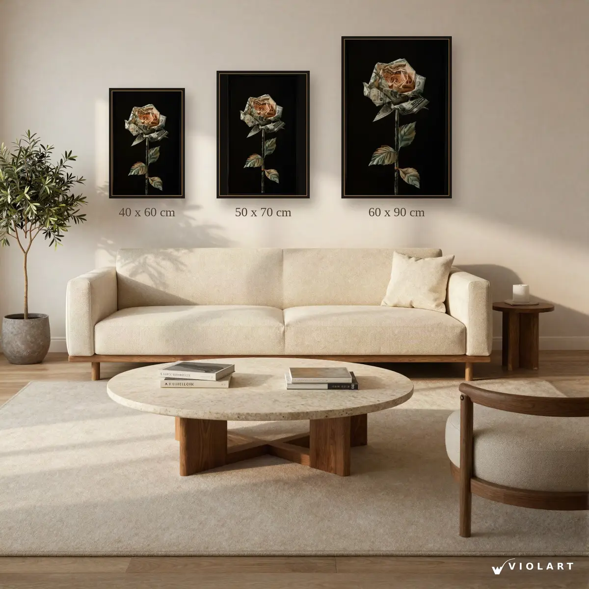 Rosemoney tablosu 40x60, 50x70 ve 60x90 cm ölçü karşılaştırması