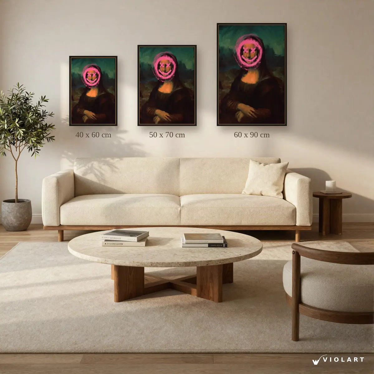 Gülen Yüz Monalisa tablosu 40x60, 50x70 ve 60x90 cm ölçü karşılaştırması