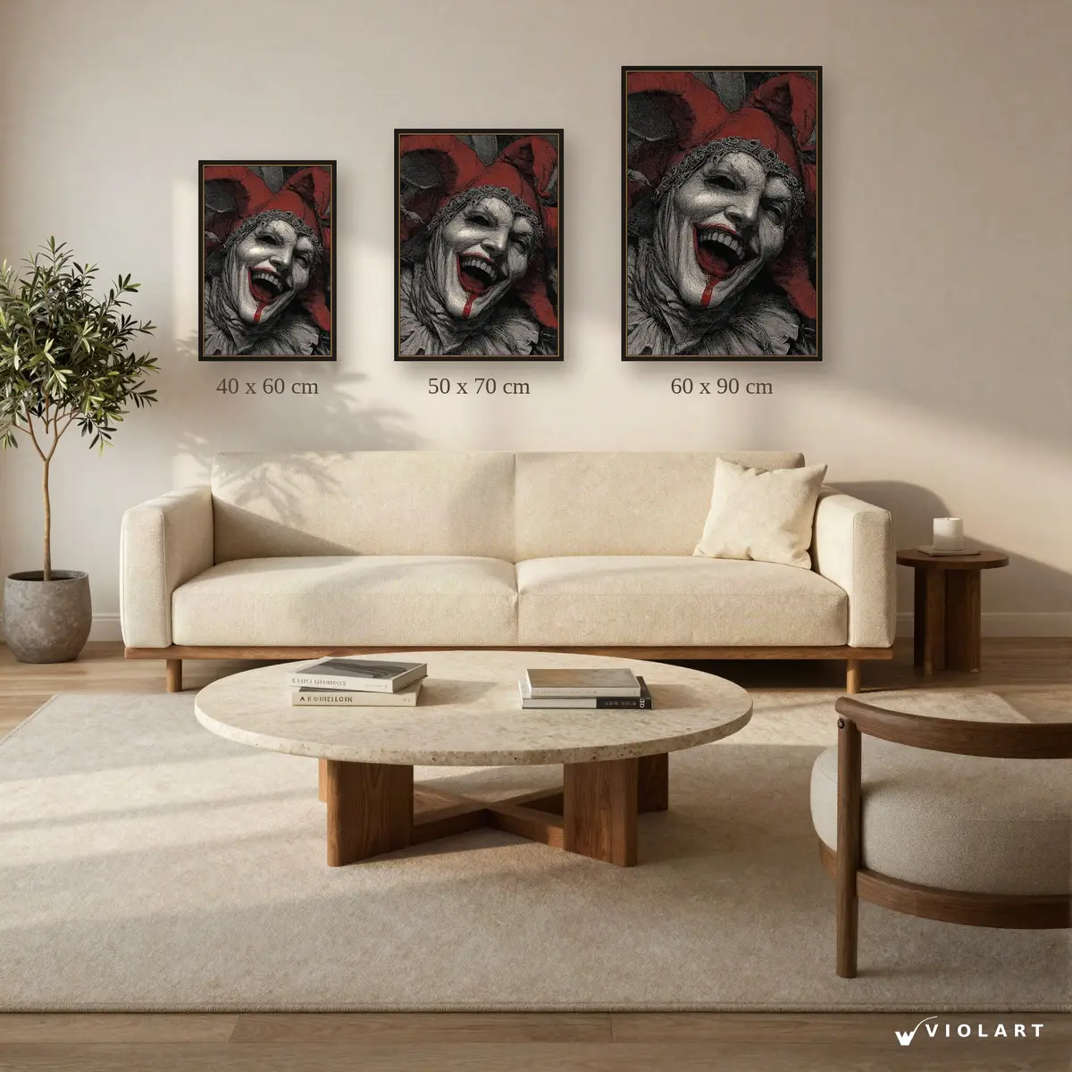 Kahkahanın Ardındaki Karanlık tablosu 40x60, 50x70 ve 60x90 cm ölçü karşılaştırması