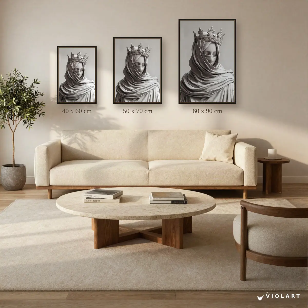 Taçlı Sessizlik tablosu 40x60, 50x70 ve 60x90 cm ölçü karşılaştırması