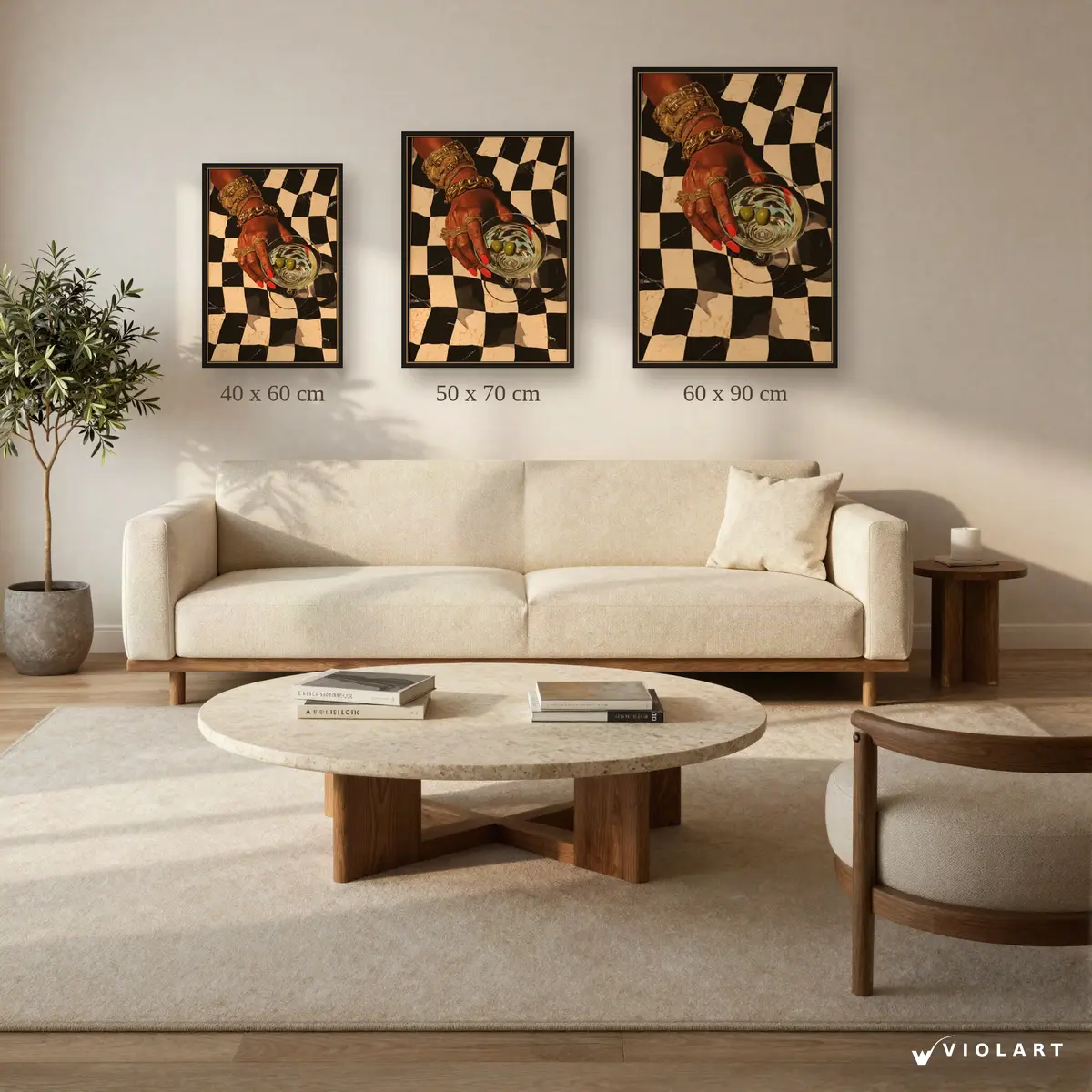 Olive Theory tablosu 40x60, 50x70 ve 60x90 cm ölçü karşılaştırması