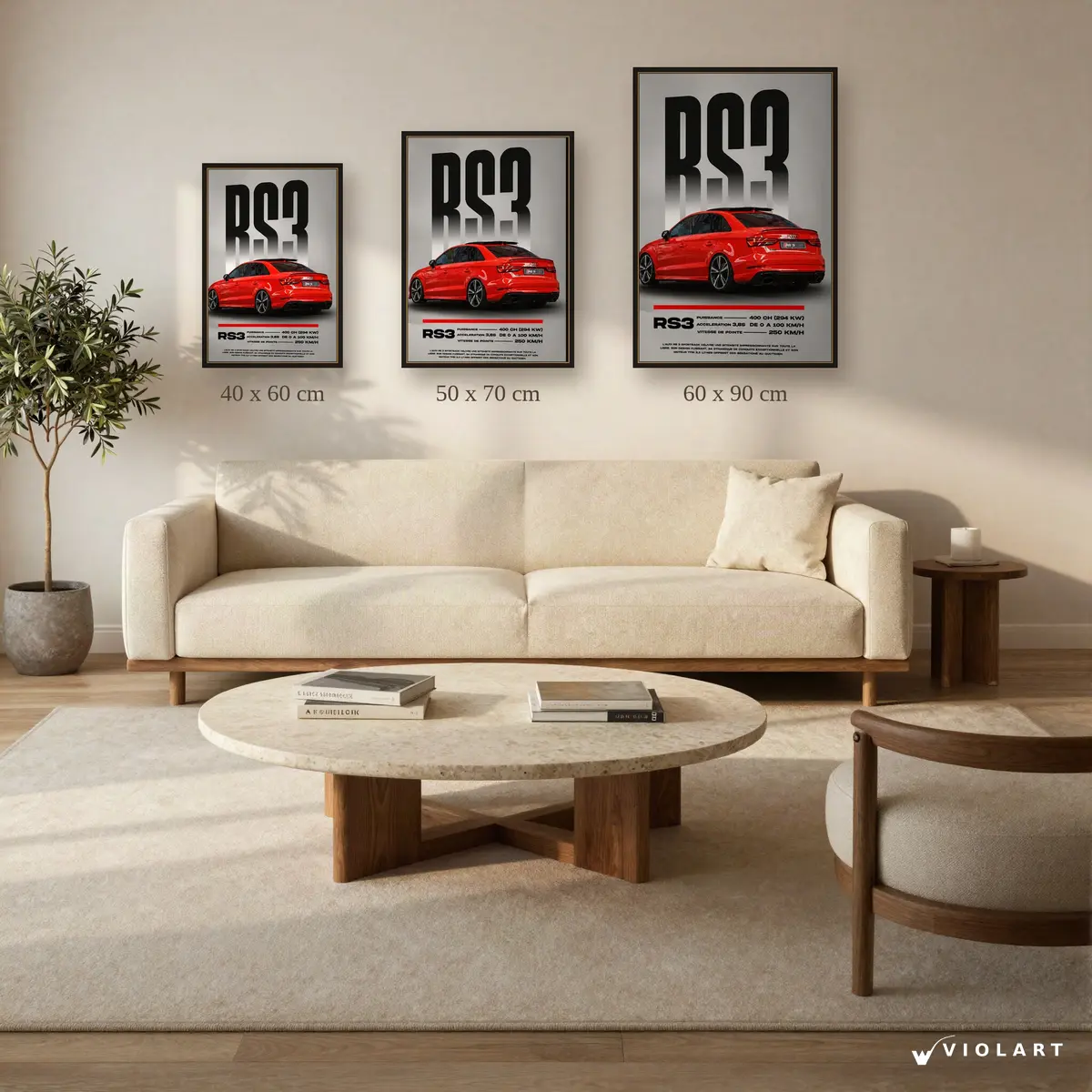 Audi RS3 tablosu 40x60, 50x70 ve 60x90 cm ölçü karşılaştırması