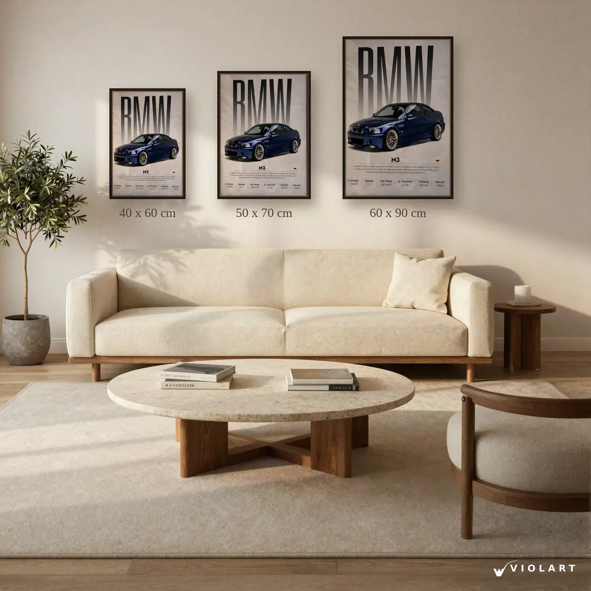 BMW E46 M3 tablosu 40x60, 50x70 ve 60x90 cm ölçü karşılaştırması