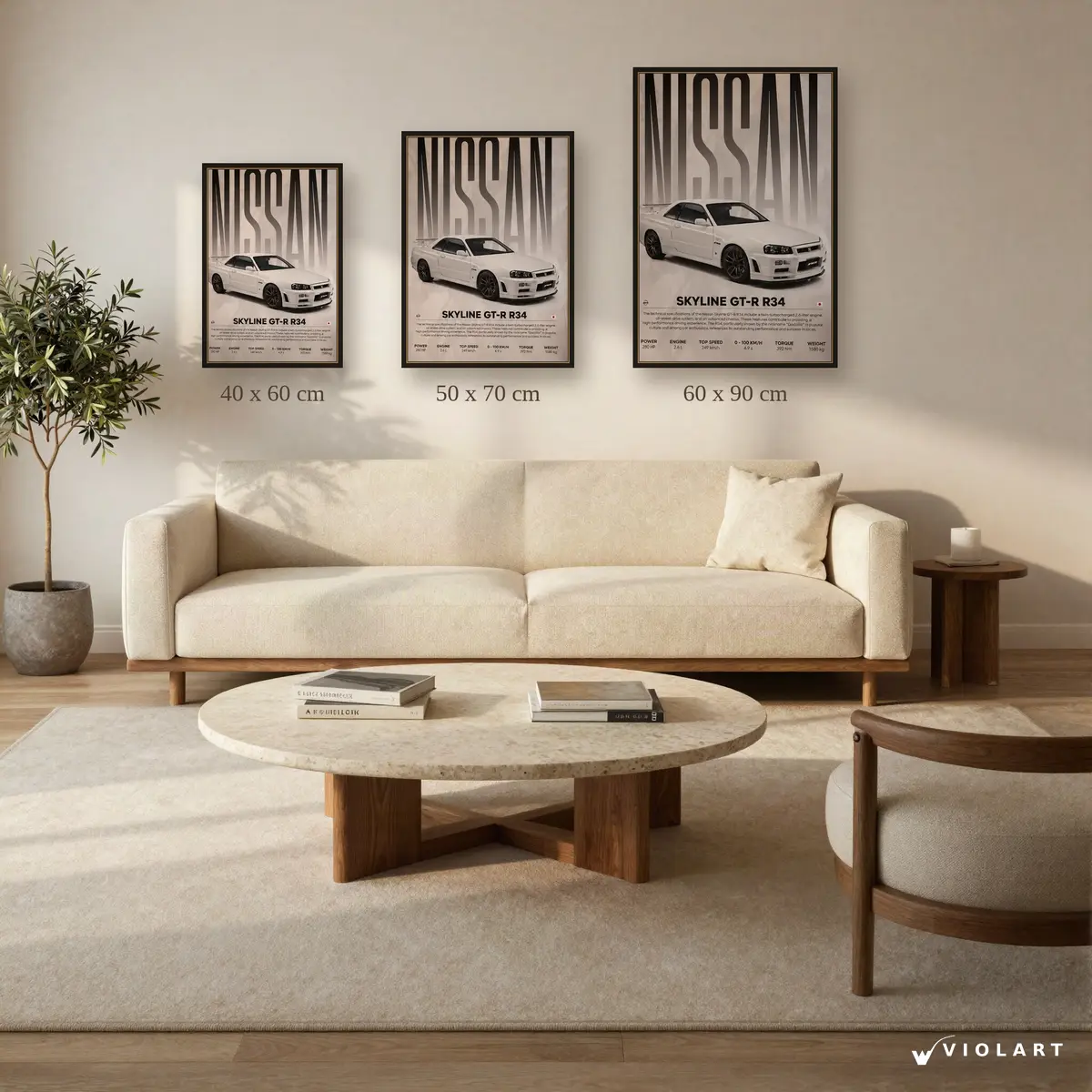 Nissan Skyline R34 tablosu 40x60, 50x70 ve 60x90 cm ölçü karşılaştırması