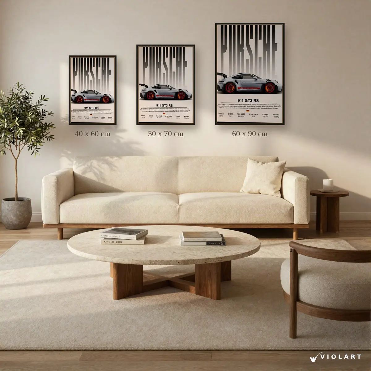 Porsche 911 GT3 RS tablosu 40x60, 50x70 ve 60x90 cm ölçü karşılaştırması