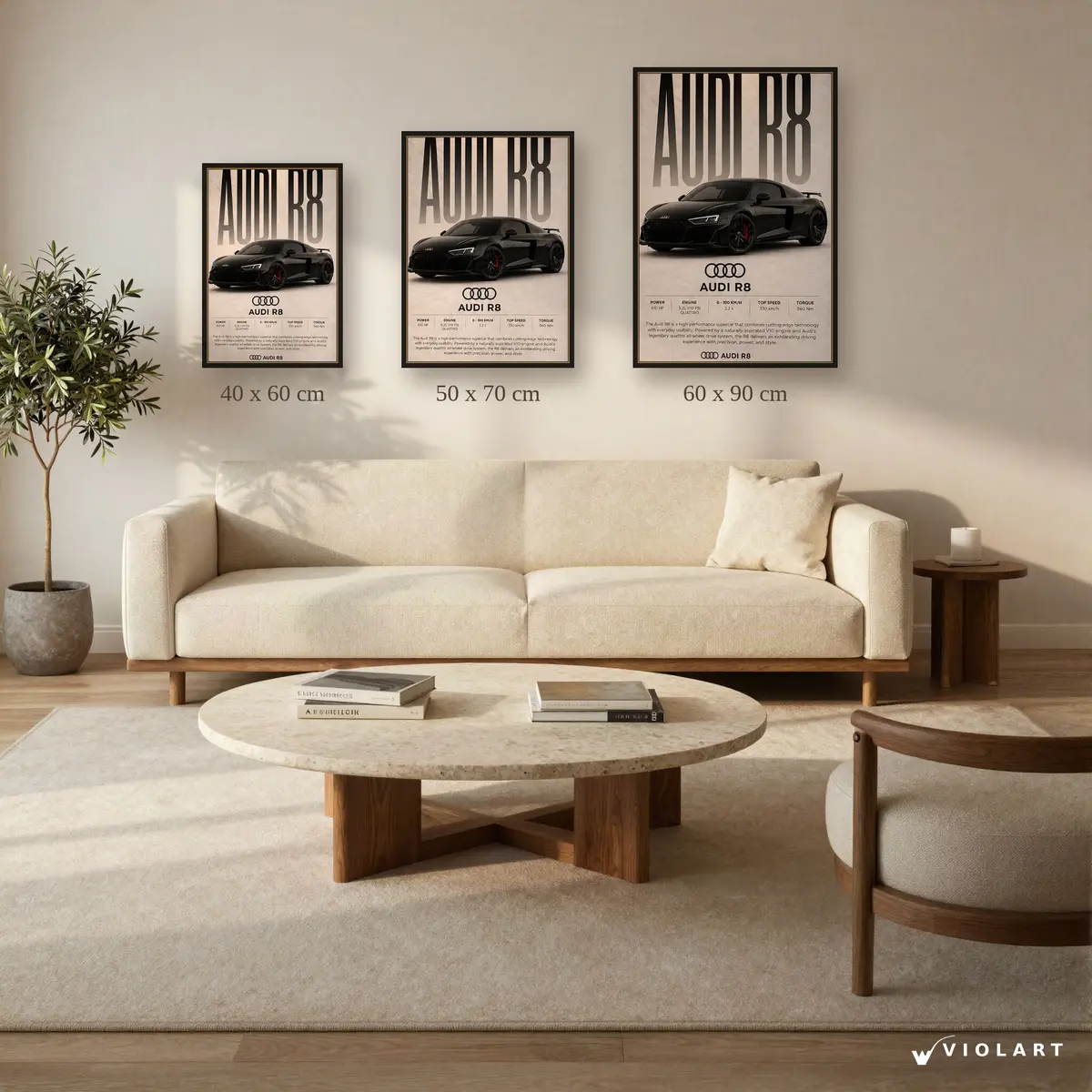 Audi R8 tablosu 40x60, 50x70 ve 60x90 cm ölçü karşılaştırması