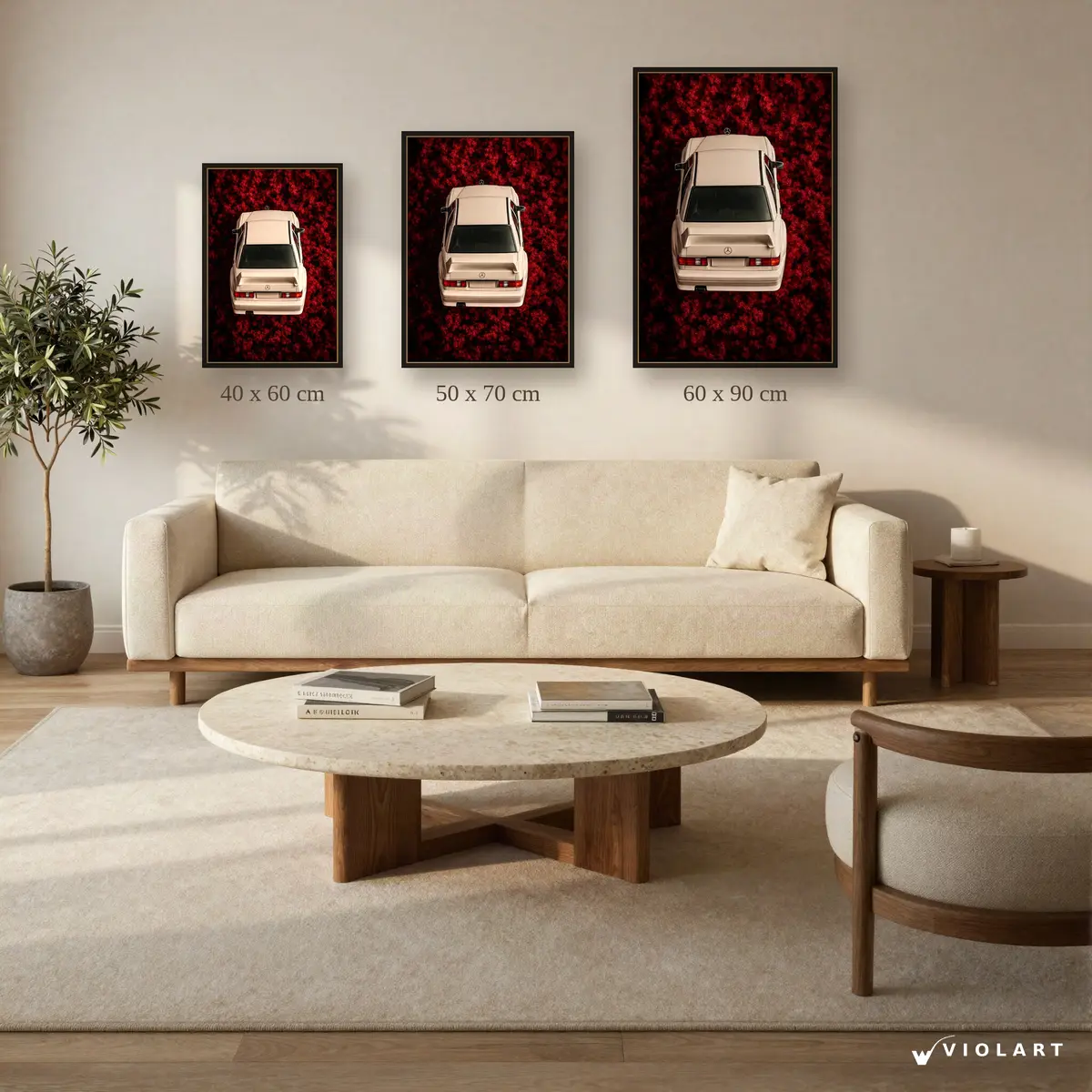 Mercedes-Benz 190E tablosu 40x60, 50x70 ve 60x90 cm ölçü karşılaştırması