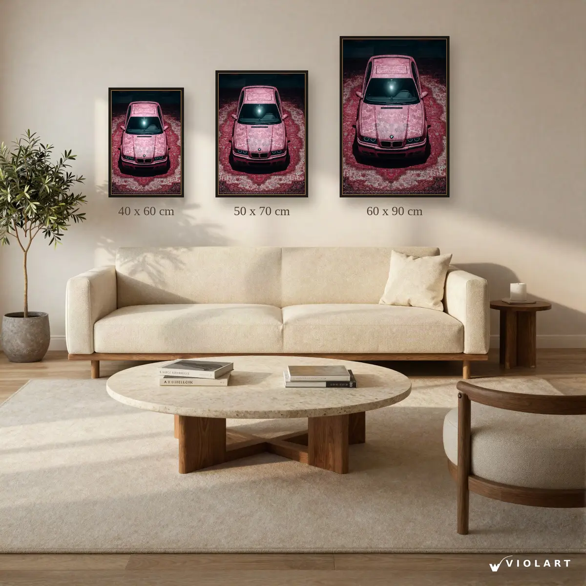 BMW E36 Pembe Tutku tablosu 40x60, 50x70 ve 60x90 cm ölçü karşılaştırması