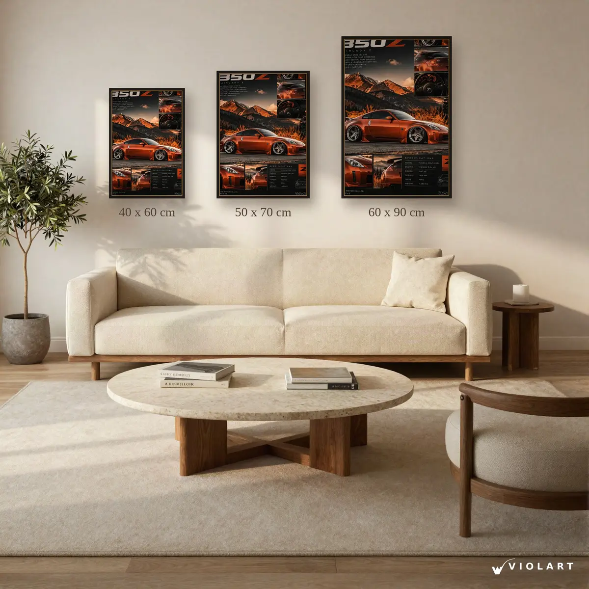 Nissan 350Z tablosu 40x60, 50x70 ve 60x90 cm ölçü karşılaştırması