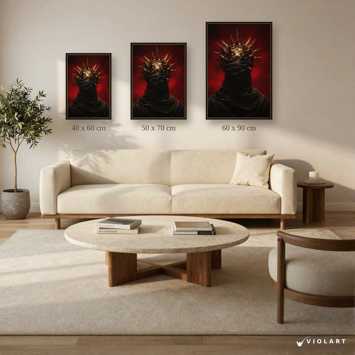 Crowned Silence tablosu 40x60, 50x70 ve 60x90 cm ölçü karşılaştırması