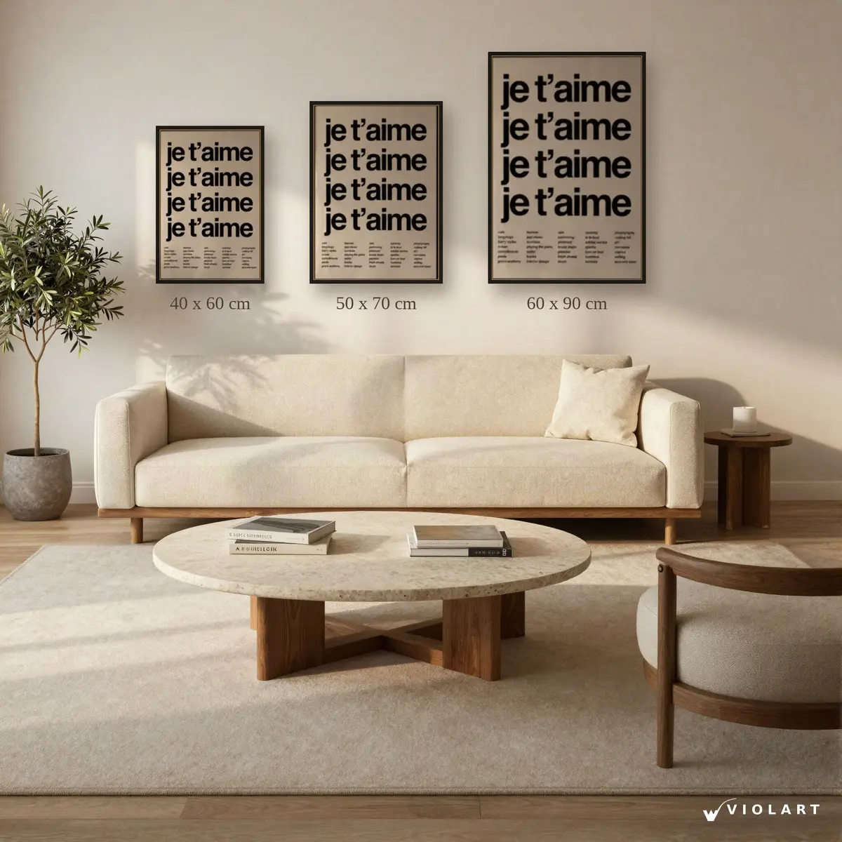 Je T'aime tablosu 40x60, 50x70 ve 60x90 cm ölçü karşılaştırması
