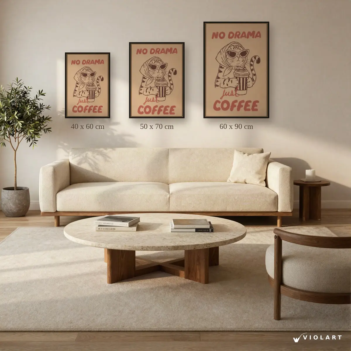No Drama, Just Coffee tablosu 40x60, 50x70 ve 60x90 cm ölçü karşılaştırması