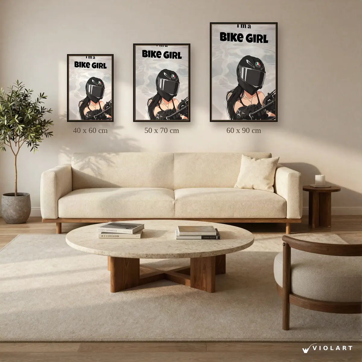 Bike Girl tablosu 40x60, 50x70 ve 60x90 cm ölçü karşılaştırması