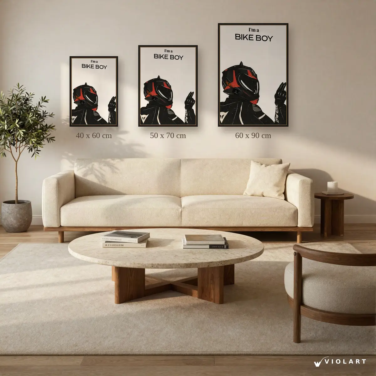 Bike Boy tablosu 40x60, 50x70 ve 60x90 cm ölçü karşılaştırması