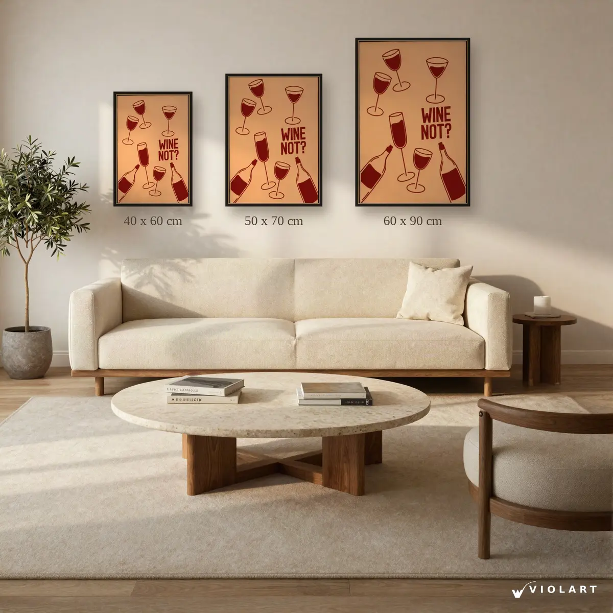 Wine Not tablosu 40x60, 50x70 ve 60x90 cm ölçü karşılaştırması