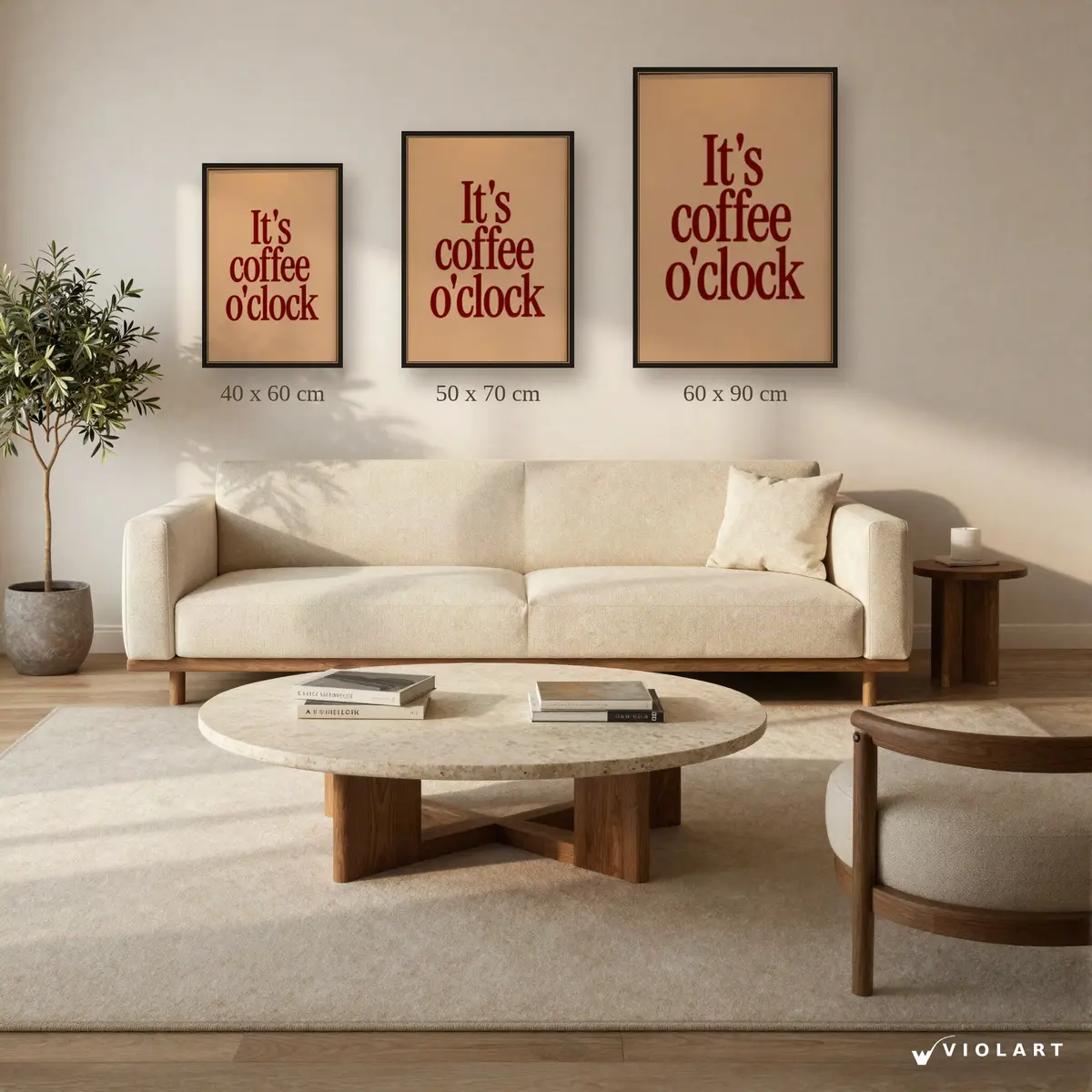 Coffee O'Clock tablosu 40x60, 50x70 ve 60x90 cm ölçü karşılaştırması