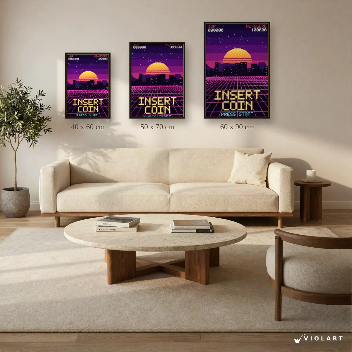 Insert Coin tablosu 40x60, 50x70 ve 60x90 cm ölçü karşılaştırması