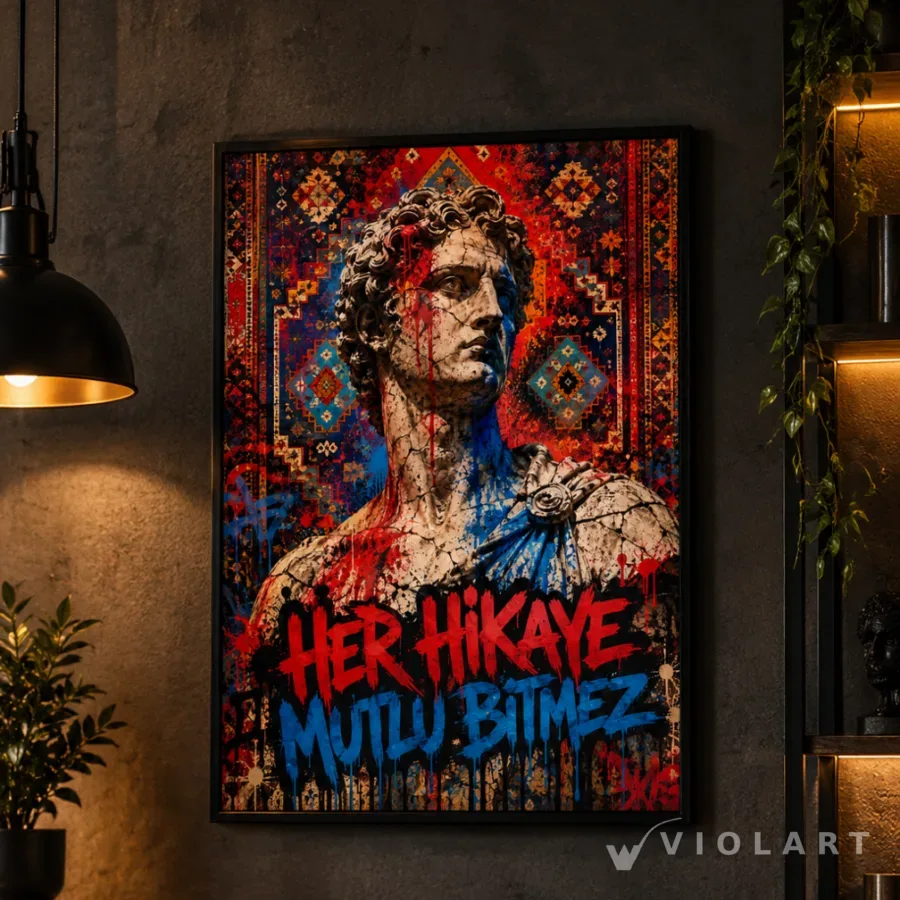 Her Hikaye Mutlu Bitmez tablosu salon duvarında, siyah çerçeveli
