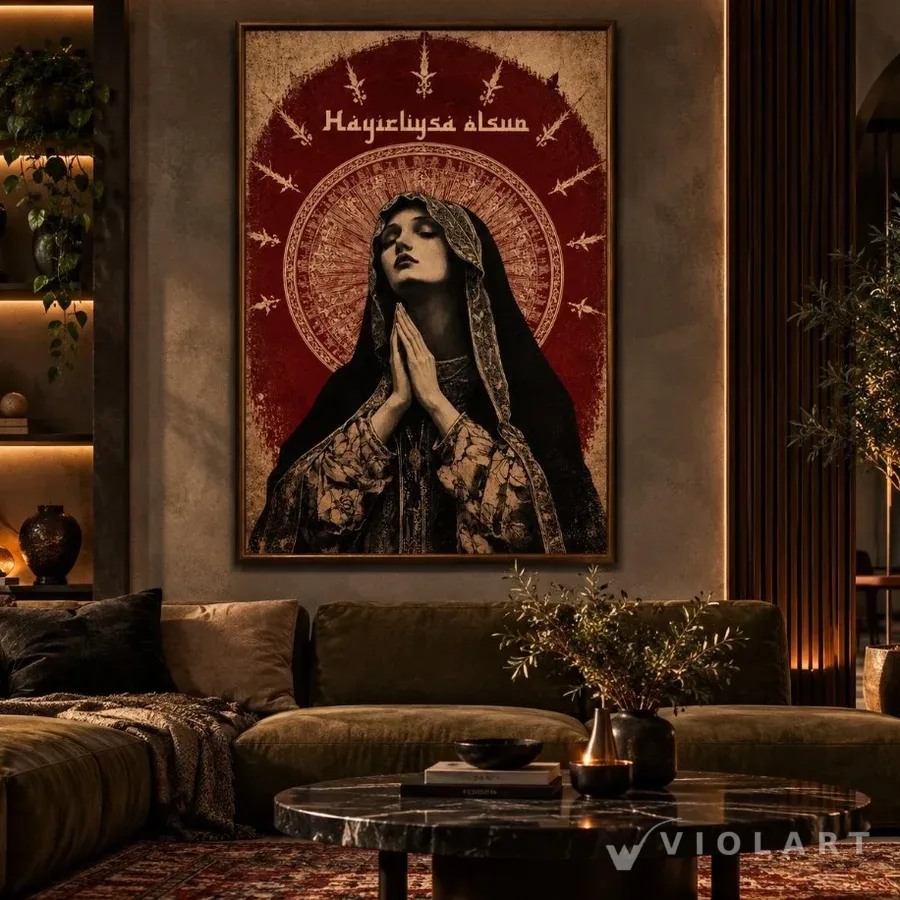 Hayırlısıysa Olsun tablosu salon duvarında, siyah çerçeveli