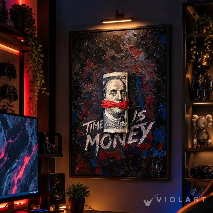 Time Is Money tablosu salon duvarında, siyah çerçeveli