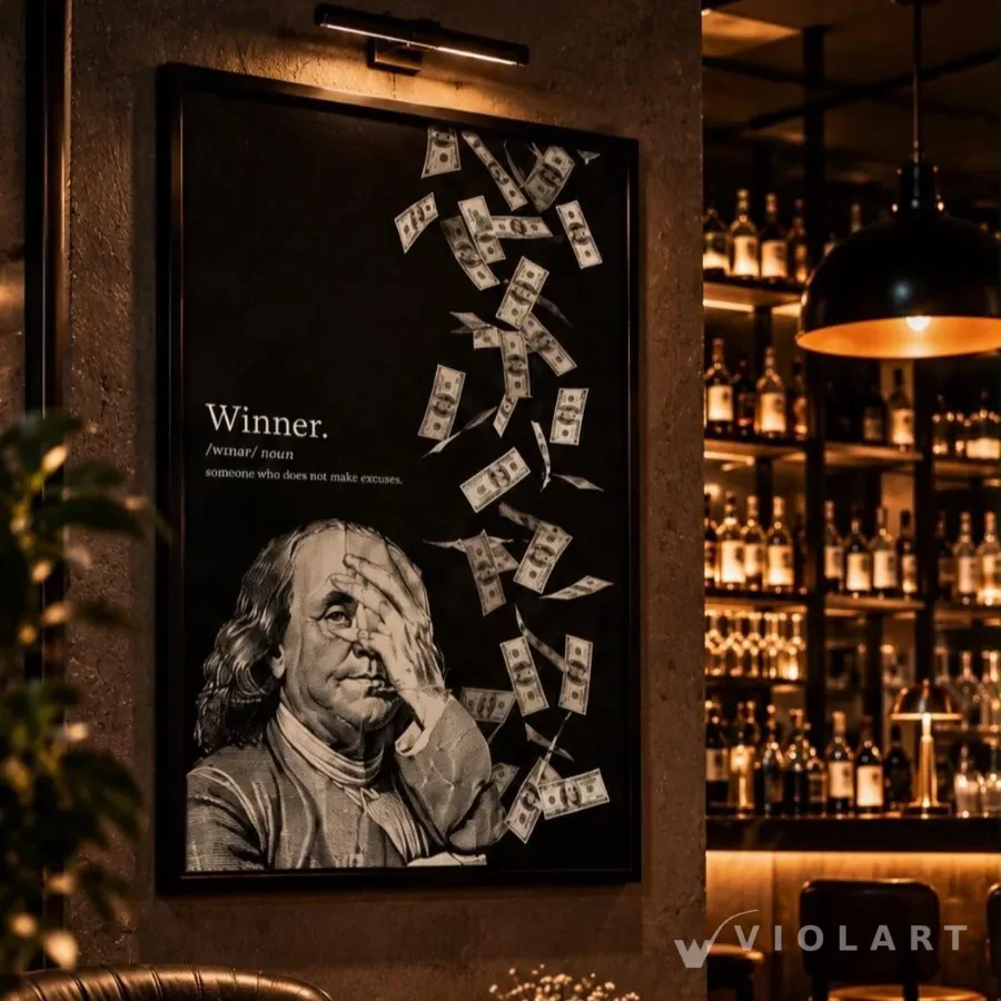 Winner tablosu salon duvarında, siyah çerçeveli