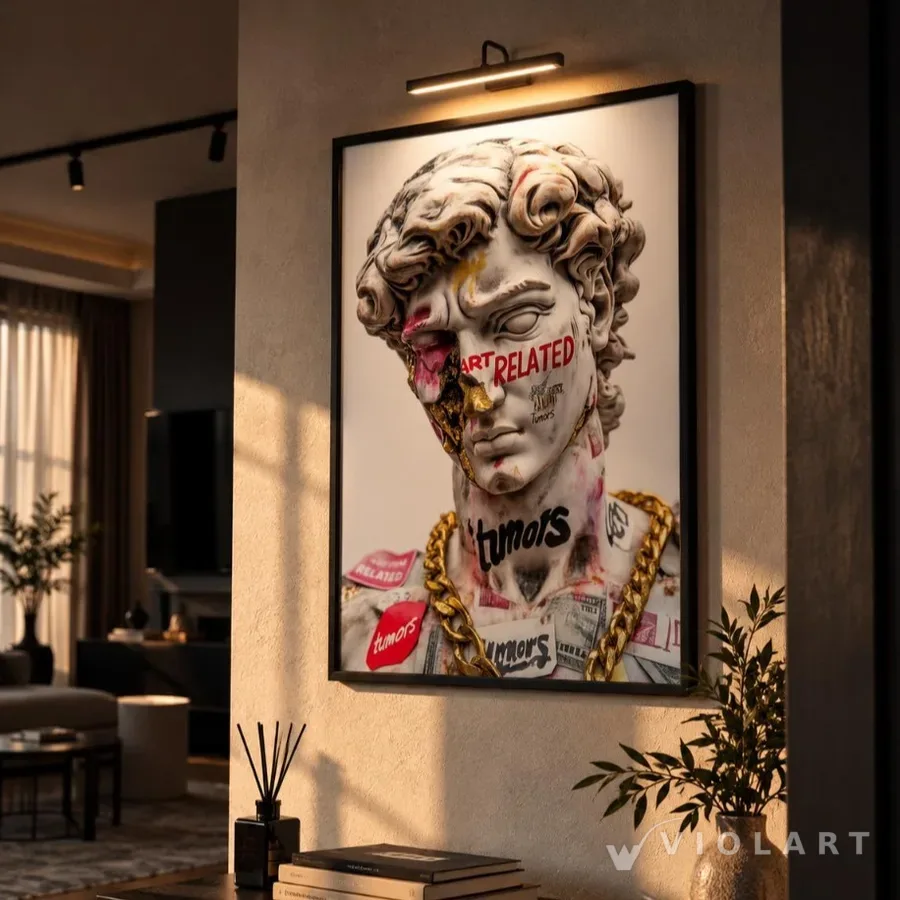 Art Related tablosu salon duvarında, siyah çerçeveli
