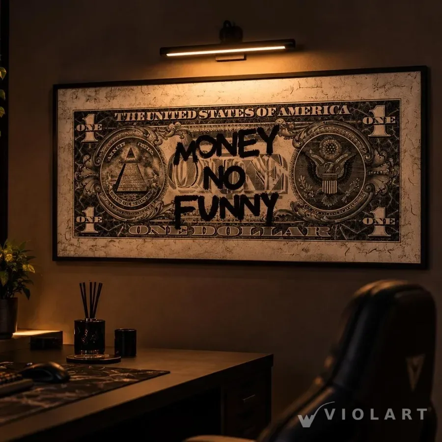 No Money No Funny tablosu salon duvarında, siyah çerçeveli