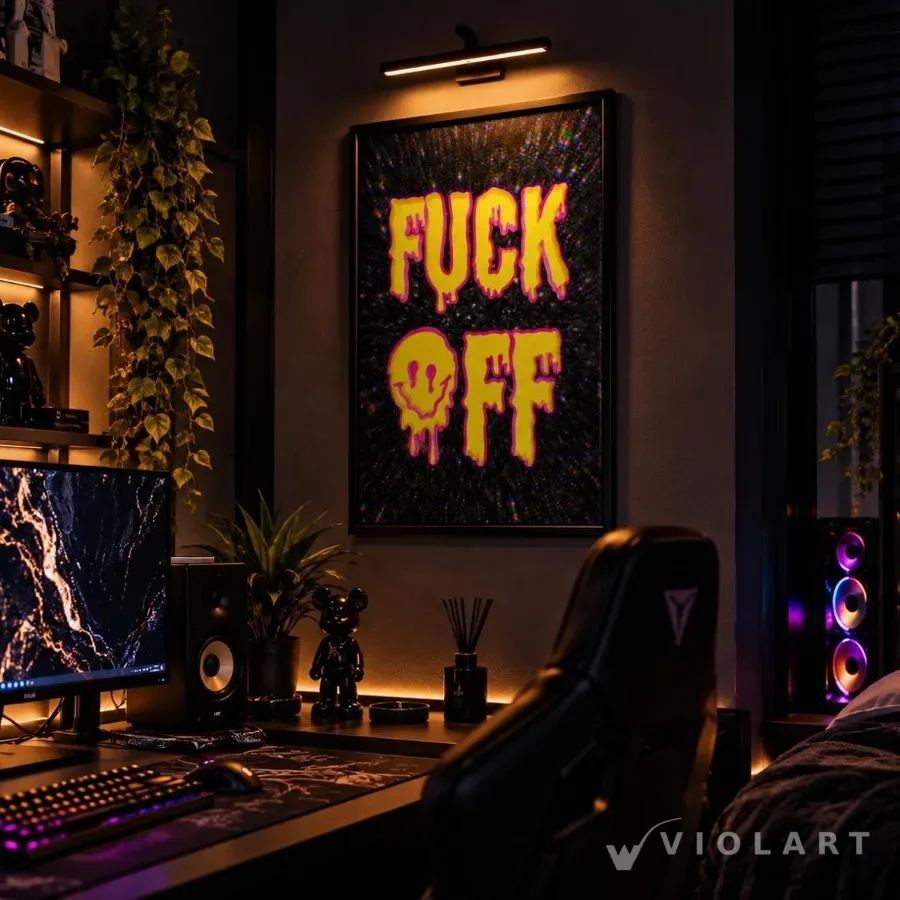 F*ck Off tablosu salon duvarında, siyah çerçeveli