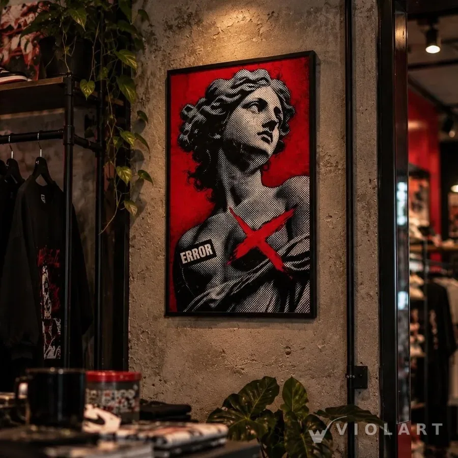 Error X tablosu salon duvarında, siyah çerçeveli