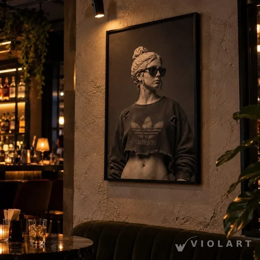 Urban Icon tablosu salon duvarında, siyah çerçeveli