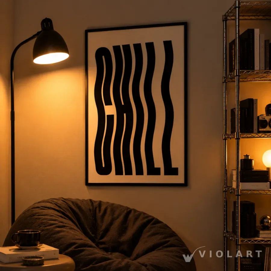 Chill tablosu salon duvarında, siyah çerçeveli