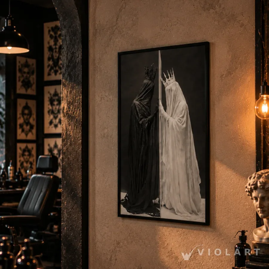 Duality tablosu salon duvarında, siyah çerçeveli