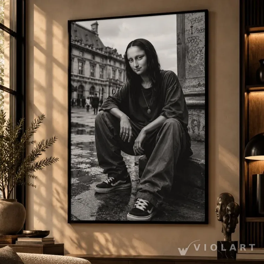 Sokakların Mona Lisa'sı tablosu salon duvarında, siyah çerçeveli