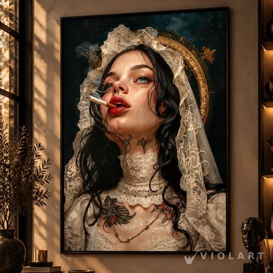 Kutsal Asi tablosu salon duvarında, siyah çerçeveli