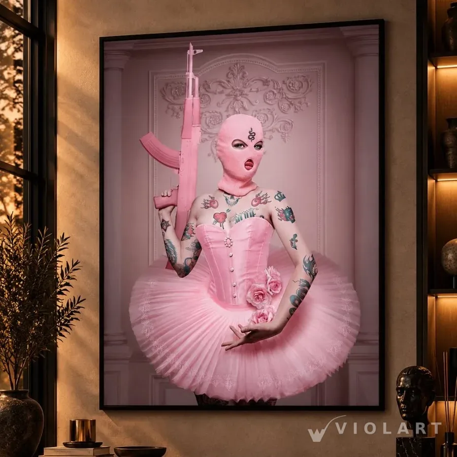 Pembe İsyan tablosu salon duvarında, siyah çerçeveli