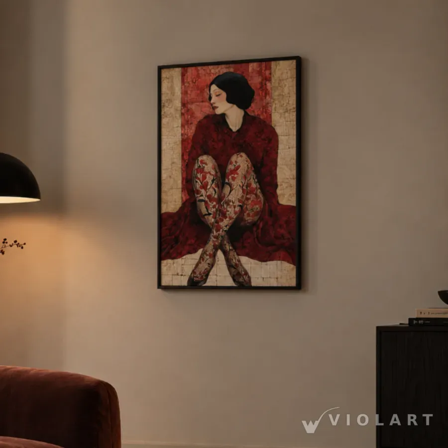 Kızıl Sessizlik tablosu salon duvarında, siyah çerçeveli