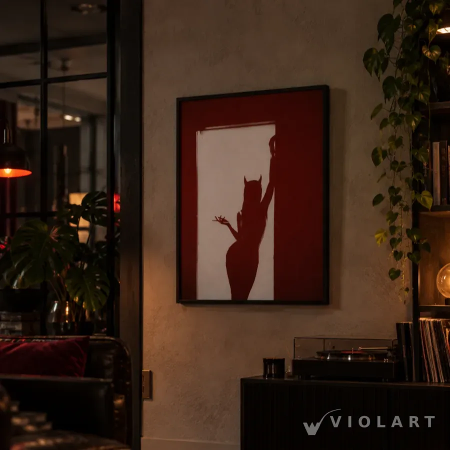 Kızıl Gölge tablosu salon duvarında, siyah çerçeveli