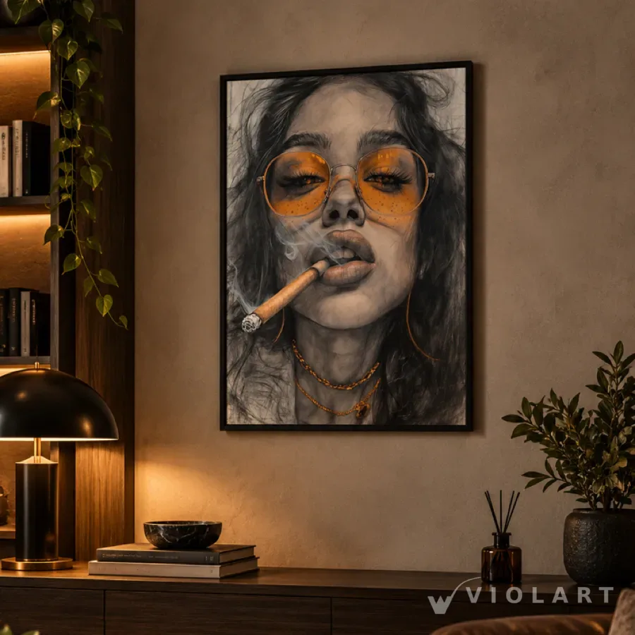 Amber tablosu salon duvarında, siyah çerçeveli