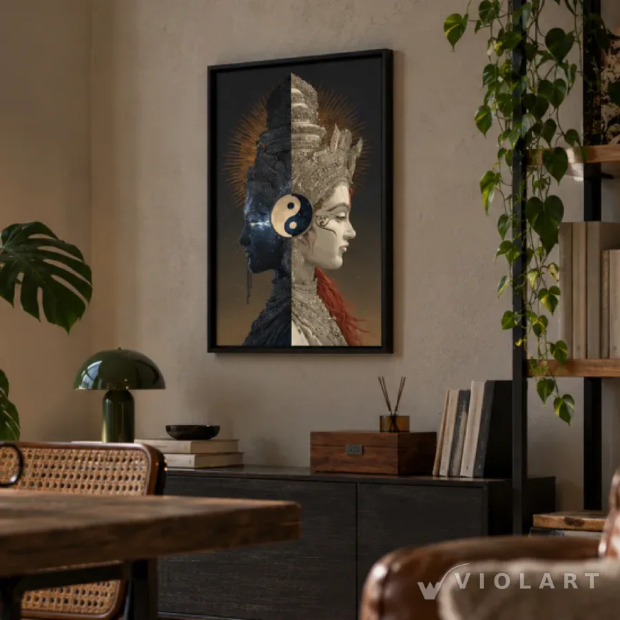 İkiliğin Ötesinde tablosu salon duvarında, siyah çerçeveli