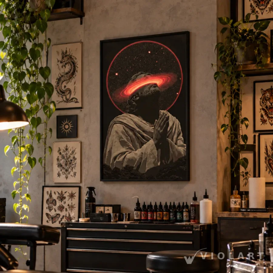 Kozmik Dua tablosu salon duvarında, siyah çerçeveli