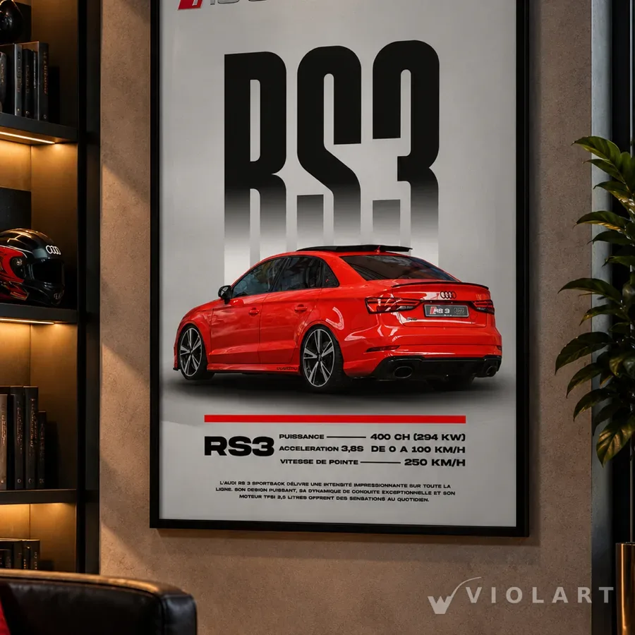 Audi RS3 tablosu salon duvarında, siyah çerçeveli