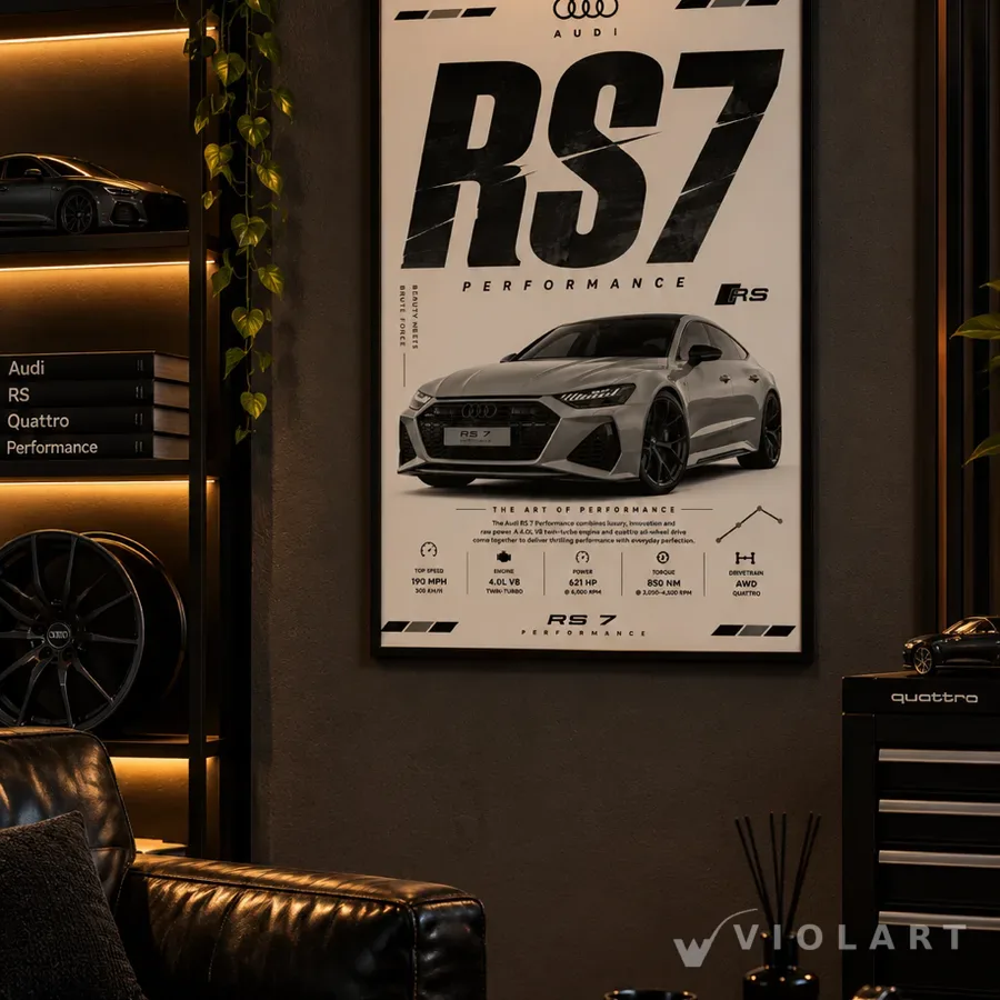 Audi RS7 tablosu salon duvarında, siyah çerçeveli