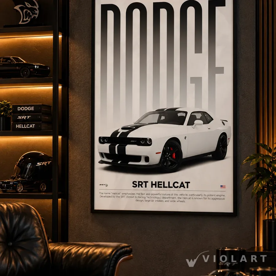 Challenger SRT Hellcat tablosu salon duvarında, siyah çerçeveli