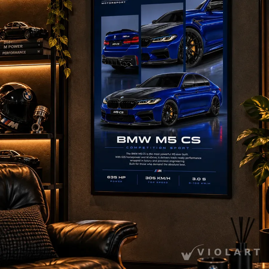 BMW M5 CS tablosu salon duvarında, siyah çerçeveli